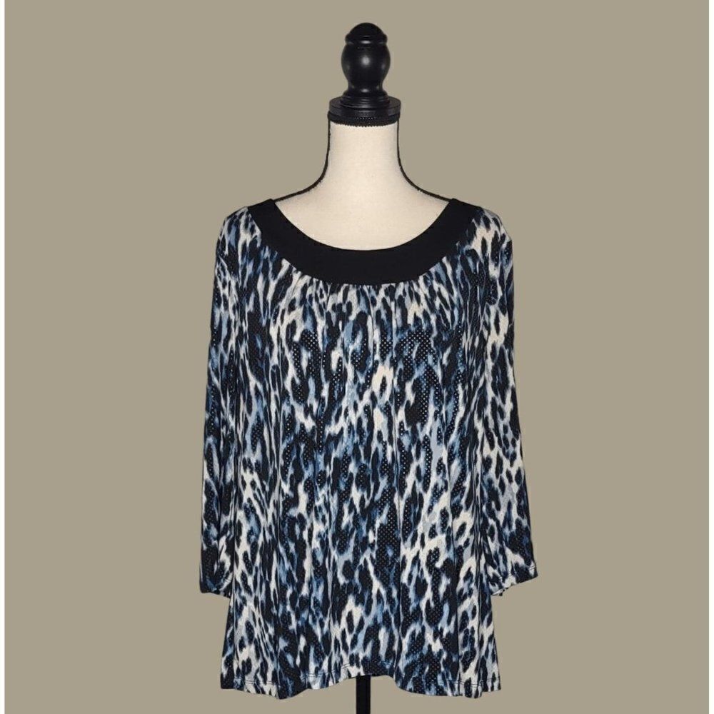 Susan Graver Blue Animal Print Blouse Size Large